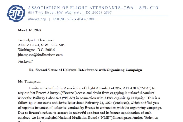 AFA Legal Letter to Breeze to stop union-busting
