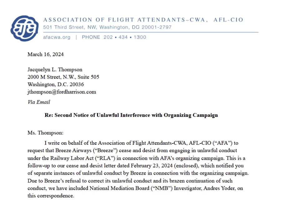 AFA Legal Letter to Breeze to stop union-busting